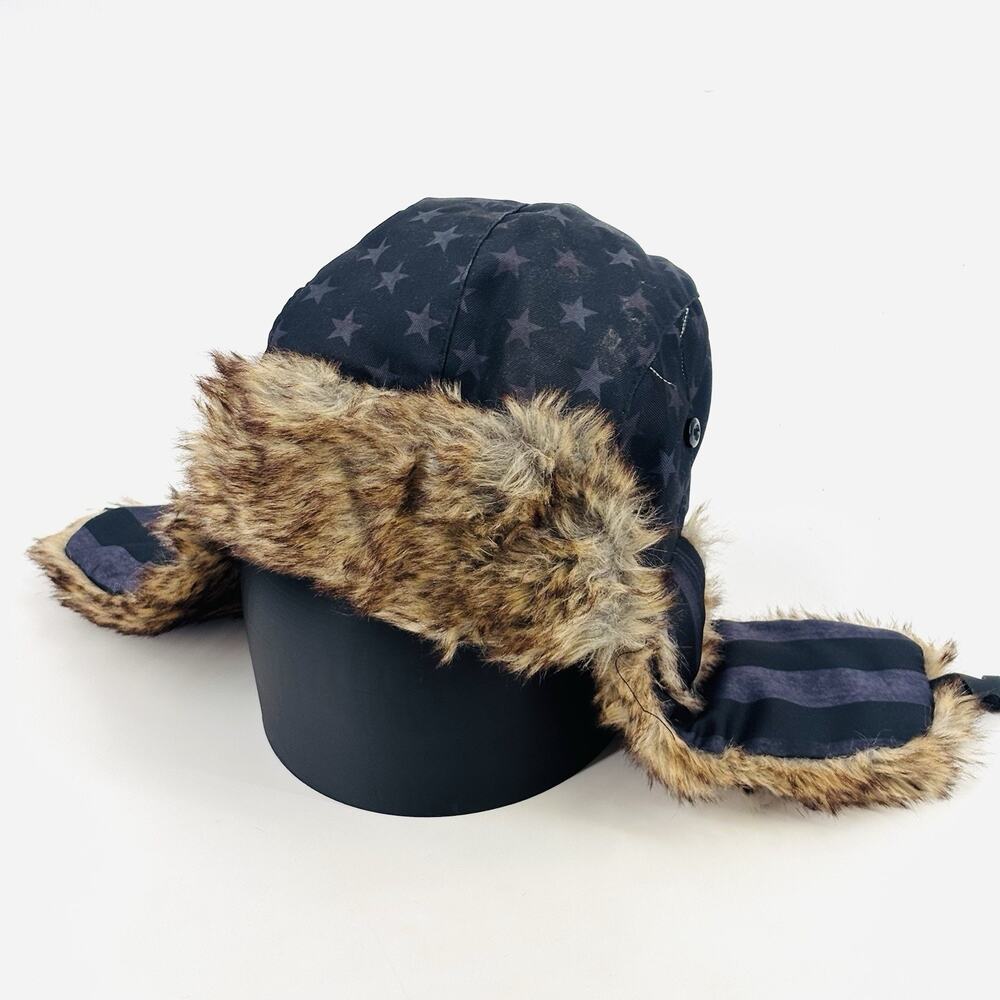 S A Company Trapper Hat Blue w Stars Faux Fur Warm Protective Lining Hunting
